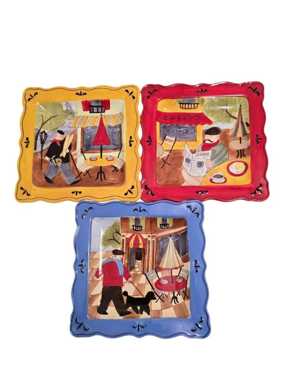 Jennifer Brinley Set of 3 Square Ceramic Plates Paris Bistro 9"